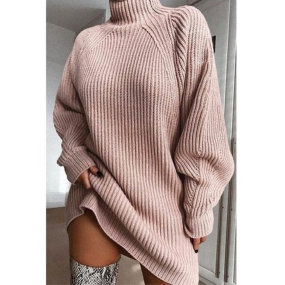 WINE turtleneck balloon sleeve fall sweater dress - Picture 2 of 4